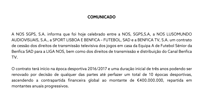 Oficial: Benfica vende direitos de jogos à NOS 767d5b9cafb28e28ce5cce687e54256c